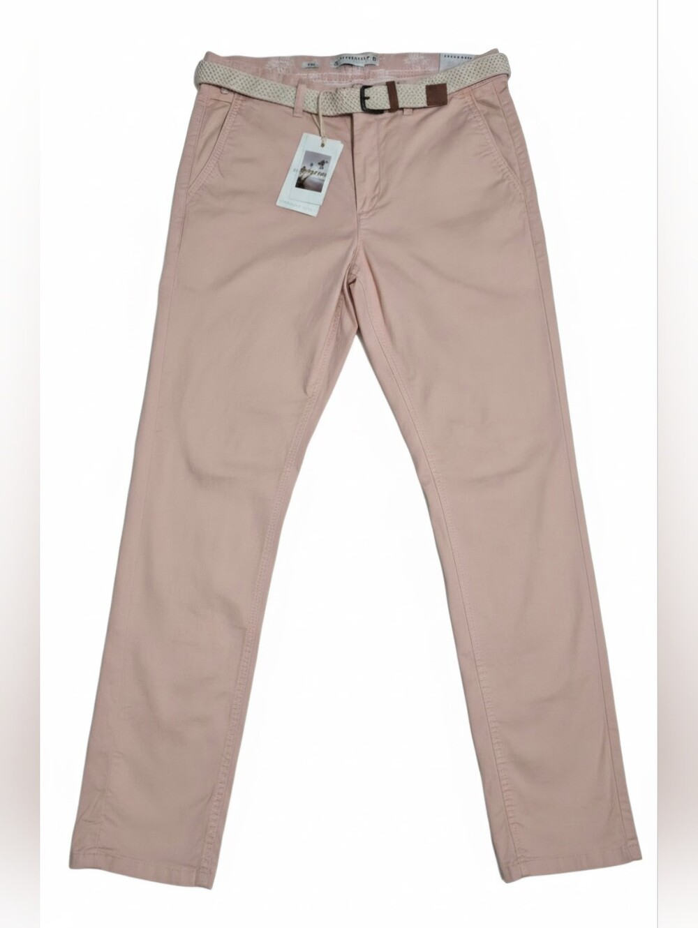 Denim & Flower Slim Stretch Chino in Blush Pink with Woven Cream Belt Size 30 US